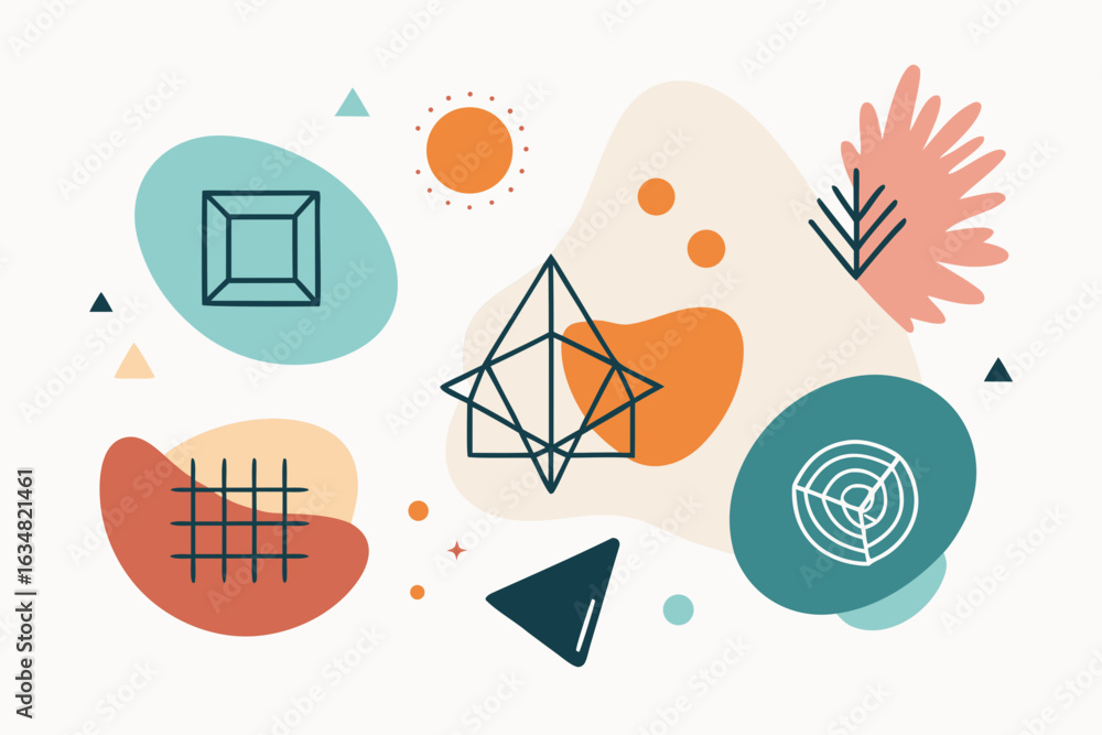 Fototapete abstract geometric shapes and organic blobs create a modern, artistic composition with a retro color