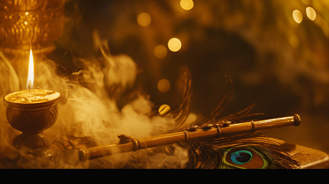Holy flute with feather of peacock and an Indian pradip lit on side, calm divine setting with incense smoke, spiritual devotion mood, golden brown tones, 4k image