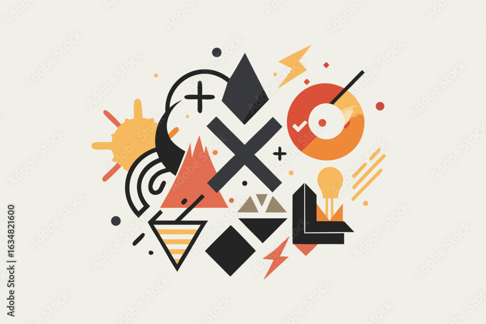 Poster dynamic abstract geometric composition bursting with vibrant colors and modern shapes, perfect for c