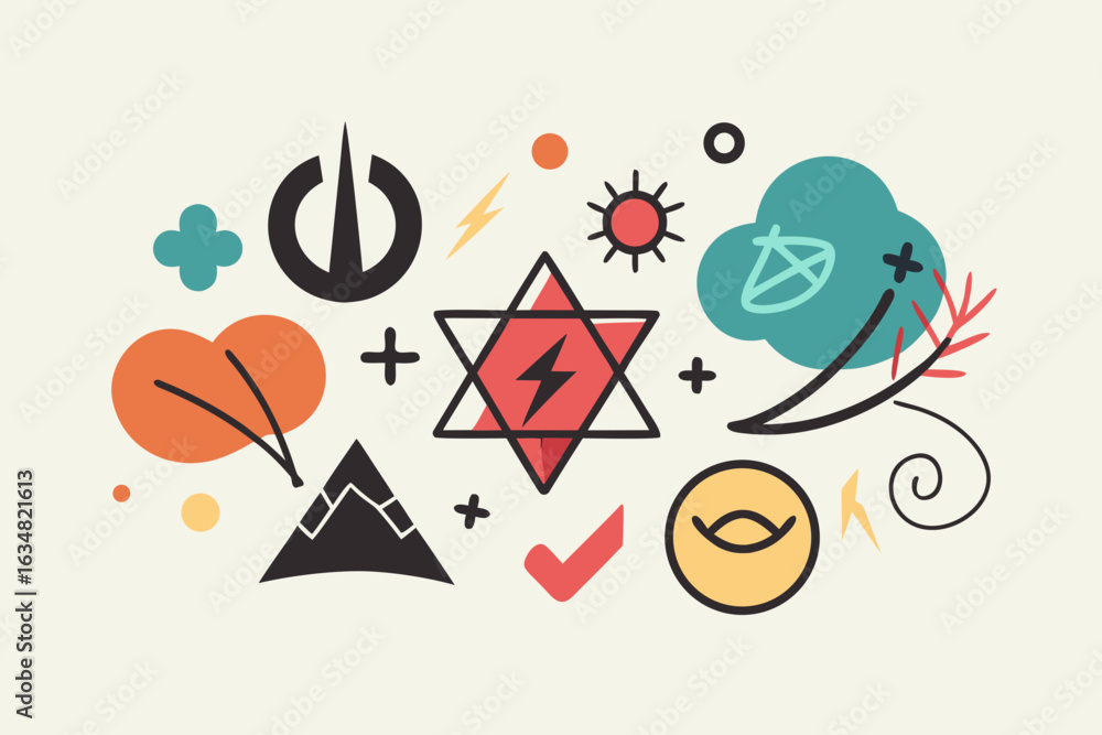 Poster dynamic abstract composition featuring playful icons like power buttons, stars, clouds, and geometri