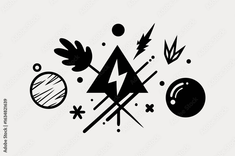 Poster dynamic abstract composition featuring lightning bolt energy symbol within triangle, surrounded by o
