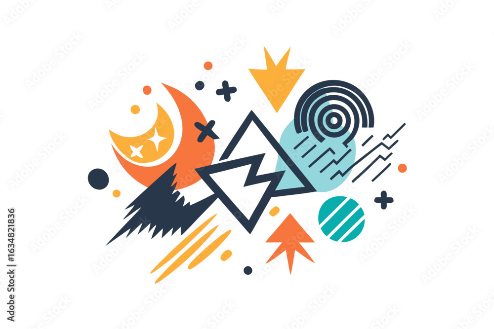 Fototapete vibrant abstract composition bursting with geometric shapes, dynamic lines, and playful celestial el