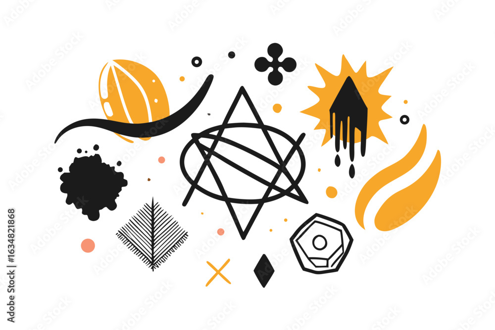 Poster vibrant abstract shapes and symbols create a dynamic, modern composition perfect for graphic design,