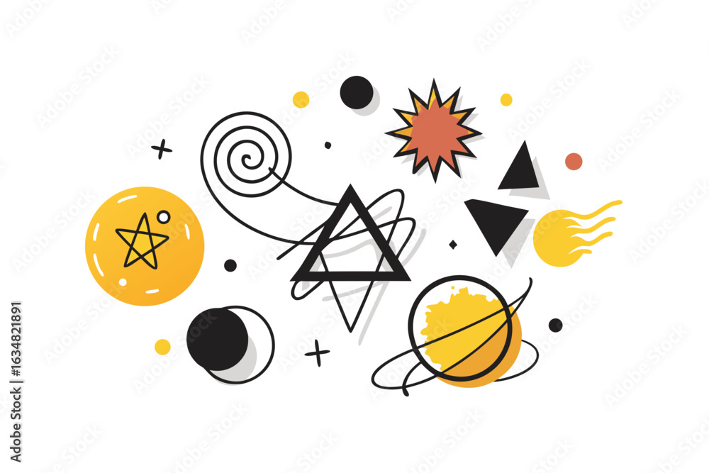 Aufkleber vibrant abstract cosmic shapes and celestial elements create a dynamic, modern design perfect for sc