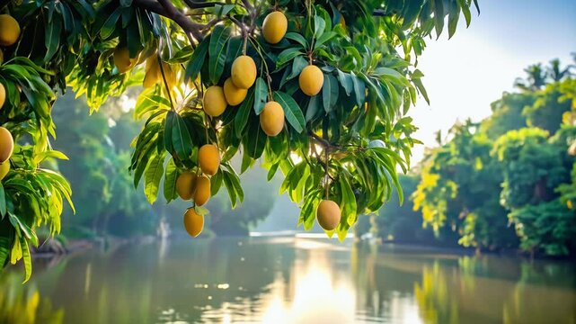 Mango tree with ripe fruits sunrise