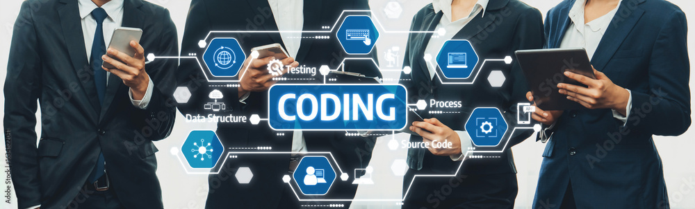 Poster a group of professionals collaborates on coding and software development, showcasing modern technolo