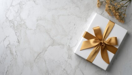 A white gift box with a gold ribbon bow sits on a marble surface, accompanied by dried flowers in the upper right corner
