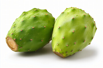 Pair of green prickly pear cactus fruits isolated on white background