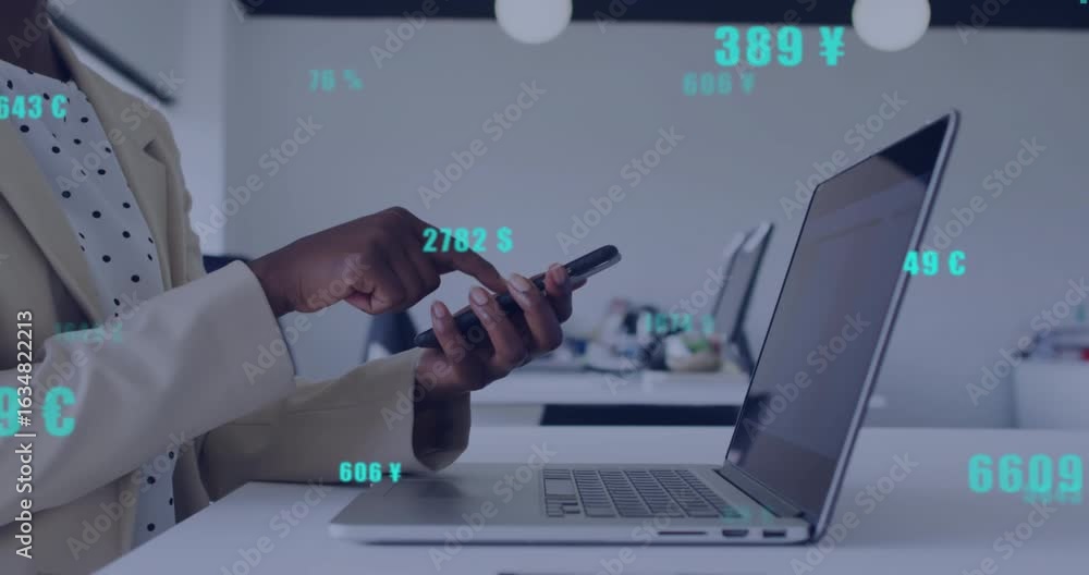 Poster Finance manager scrolling smartphone and tapping causing currency values updating and fist-pumping