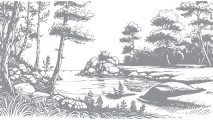 Obraz premium Hand-drawn Illustration of Coastal Cove Scene with Trees and Rocks