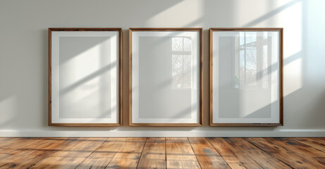 Mockups three blank poster framed hang on the white wall color