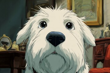 Expressive close-up portrait of a white terrier dog with large round eyes and curious expression in a cozy home setting, digital illustration.