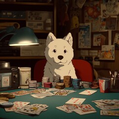 Whimsical anime-style illustration of a white dog sitting at a cluttered table with playing cards, books and art supplies in a cozy room illuminated by a lamp