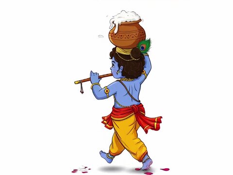 Illustration of a Playful Baby Krishna Holding a Matki and Playing Flute