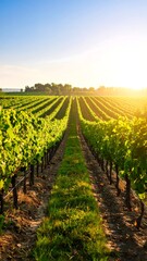 Sunlit vineyard rows stretch to a distant horizon under a clear blue sky