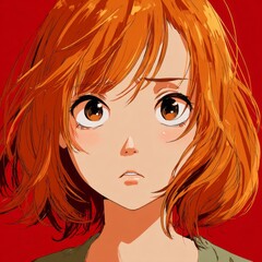 Anime-style portrait of a young red-haired girl with large amber eyes and a teal-collared dress set against a warm red backdrop
