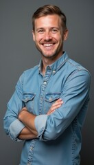 Fototapeta premium Smiling man in a denim shirt with crossed arms