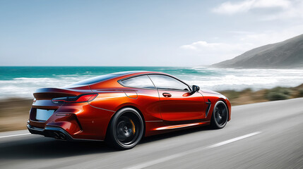 A red sports coupe speeds along a coastal highway, ocean waves crashing beside it under a clear blue sky, capturing thrilling motion and vibrant freedom...