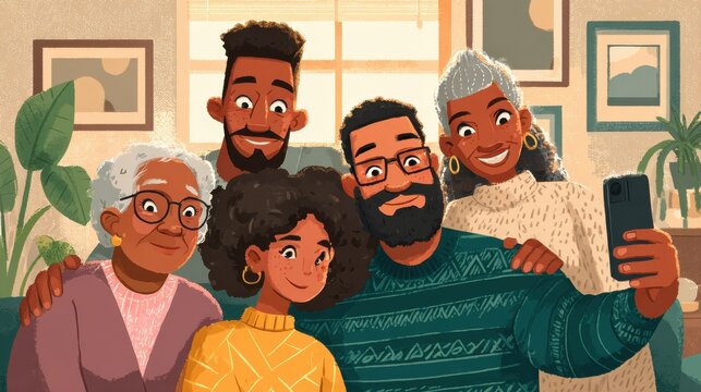 portrait of african american multigenerational family taking a selfie together with mobile phone at home family and lifestyle concept no logos no brands ar 169