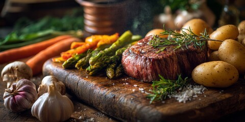 Delicious grilled steak served on rustic wooden board with roasted potatoes, carrots, asparagus and mushrooms, garnished with herbs