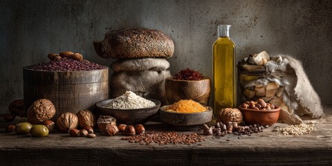 Fototapeta premium Rustic still life with assorted artisanal breads, stacked round loaves, nuts and spices alongside a glass bottle of olive oil on a wooden table against a warm backdrop