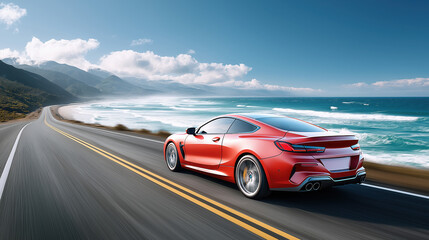 A red sports coupe speeds along a coastal highway, ocean waves crashing beside it under a clear blue sky, capturing thrilling motion and vibrant freedom...