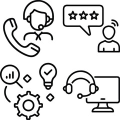 A collection of line art icons representing customer service, feedback, ideas, and technical support.