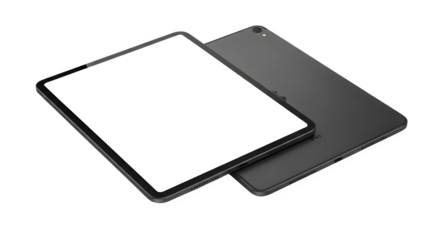 Two tablets on a black surface angled perspective png, transparent, white background, ai generated, 