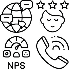 A collection of four icons representing customer feedback, satisfaction, NPS score, and communication, presented in a clean line art style.