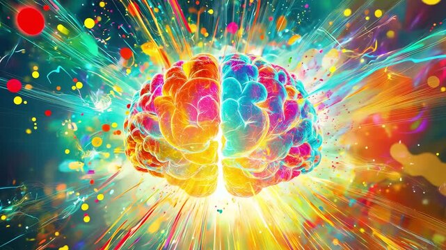 An abstract brain design bursts with colors and light effects, creating a dynamic visual experience filled with movement and energy