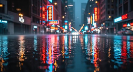 Naklejka premium Neon Cityscape in Rain: A captivating cityscape reflects in rain-slicked streets, illuminating a metropolitan area with vibrant neon lights and the enchanting atmosphere of a rainy night. 