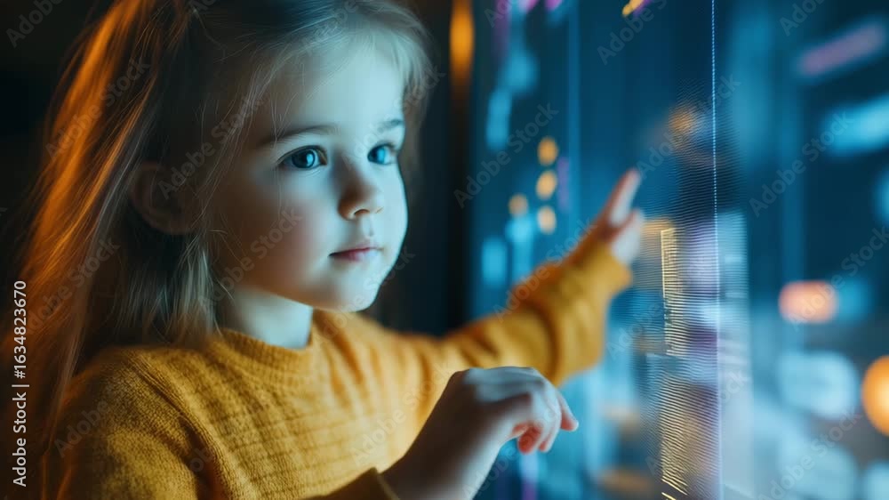 Poster a child girl dressed in a yellow sweater engages with a colorful digital display, exploring interact