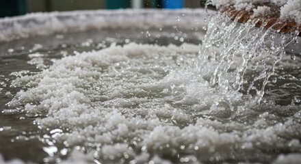 Saltwater pool with water cascading and salt crystals floating in the surface