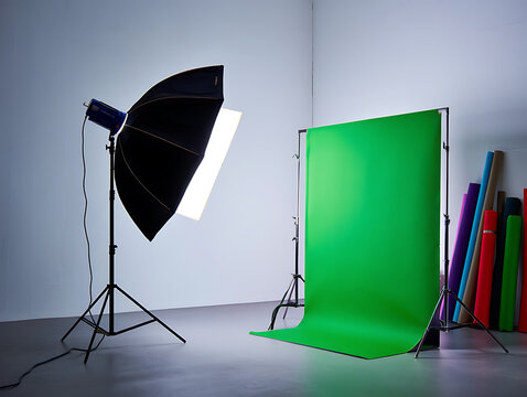 Empty modern photography studio interior with professional lighting equipment, a large softbox, and a green screen background for chroma key compositing in video production.