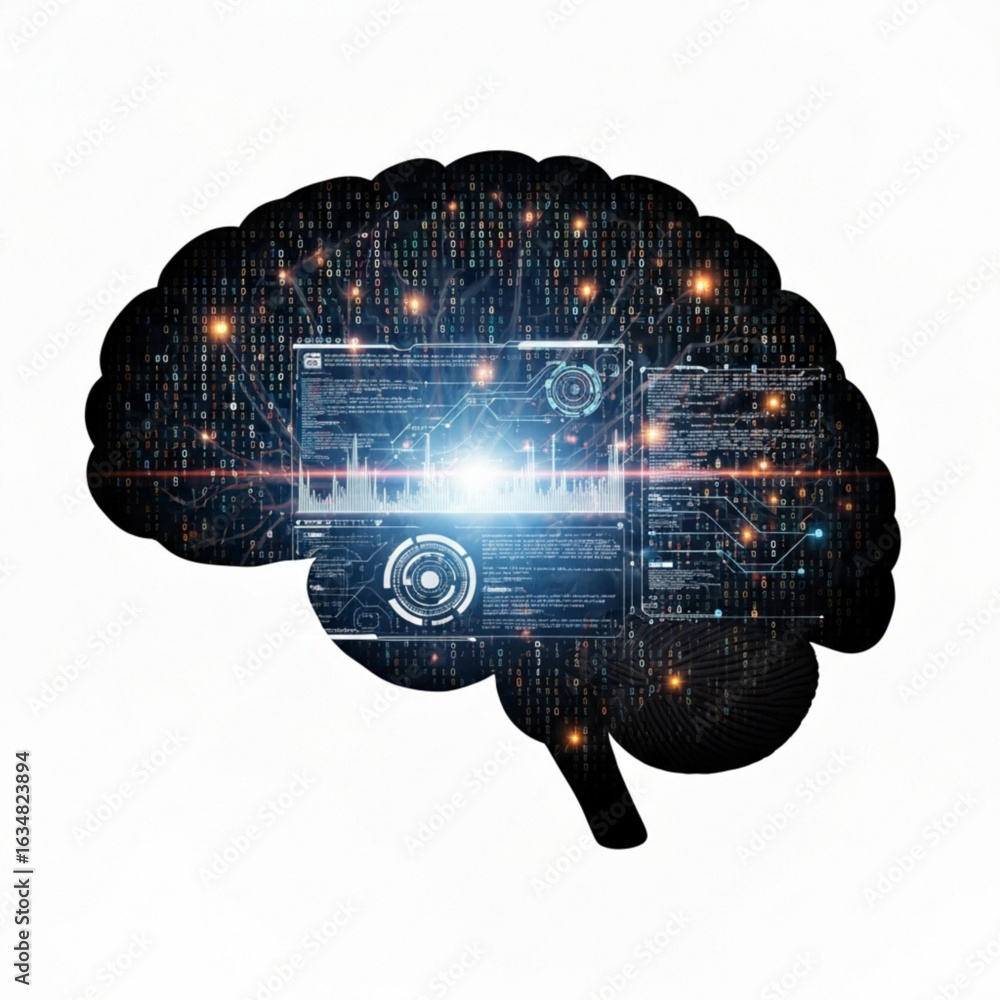 Poster human brain silhouette filled with digital code and futuristic user interface elements shown inside 