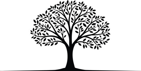 Black tree silhouette with detailed leaves and branches, flat vector nature illustration, elegant tree icon, isolated botanical design art © Zahid Creatives
