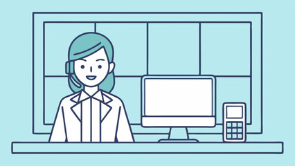 Vector illustration of a cheerful customer service representative at a modern office desk
