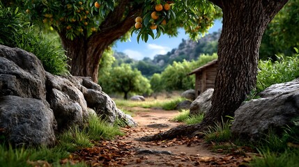 Fototapeta premium A peaceful orchard with fruit trees and fallen leaves on the ground.