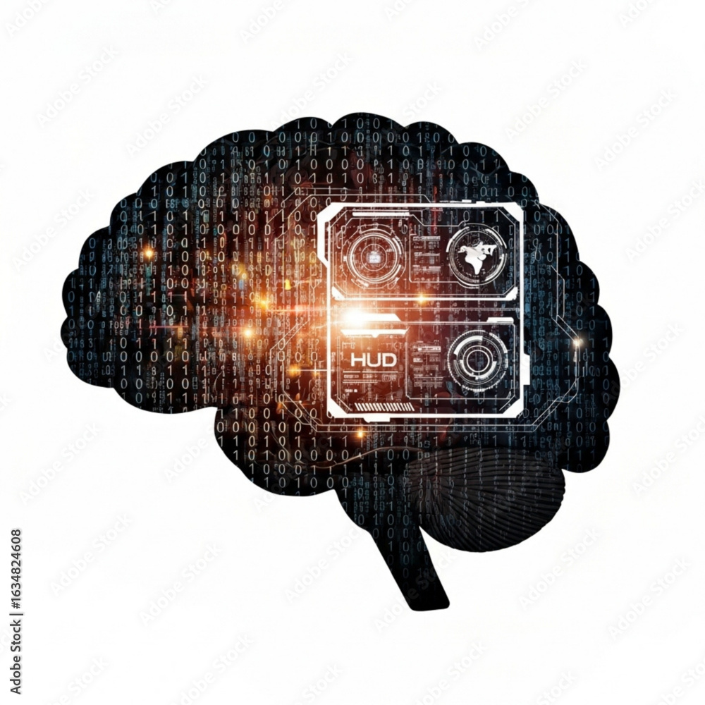 Poster human brain with technology interface and digital code overlaying the organ anatomy structure