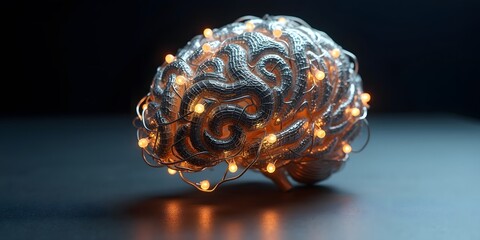 Artificial Intelligence Brain Sculpture Made of Wires and LEDs