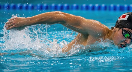 Swimmer competing in freestyle event at indoor pool during a championship