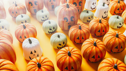 Colorful Halloween pumpkins with spooky decor and backdrop