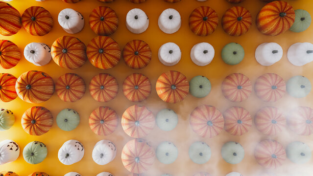 Colorful Halloween pumpkins with spooky decor and backdrop