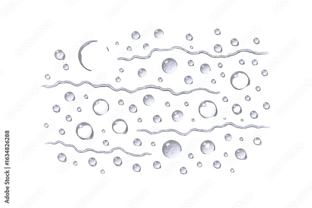 Poster abstract silver bubbles and wavy lines pattern with a crescent moon shape on black