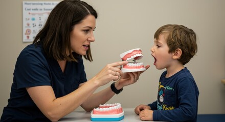 Dentist explaining oral hygiene to young child using dental models