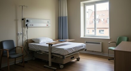 Hospital room with an empty bed and natural light in a healthcare facility