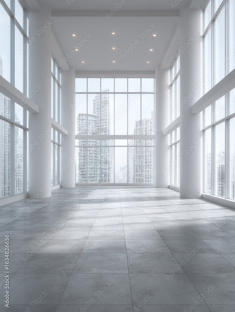 Poster a wideangle view of an empty modern office building with large windows and white walls