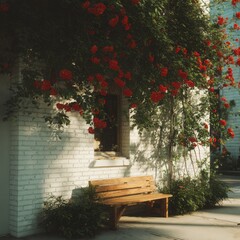 Charming white brick house covered in vibrant red climbing roses with a wooden bench in a sunlit garden courtyard along a stone pathway