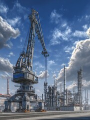 factory industry crane construction futuristic pipe industrial building facility system structure background image is factory and industry there have large crane to construction building