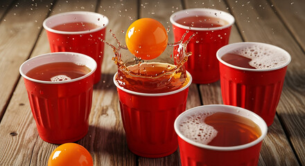 Dynamic capture of a game moment with red cups, vibrant orange ball and water splash on wood grain
